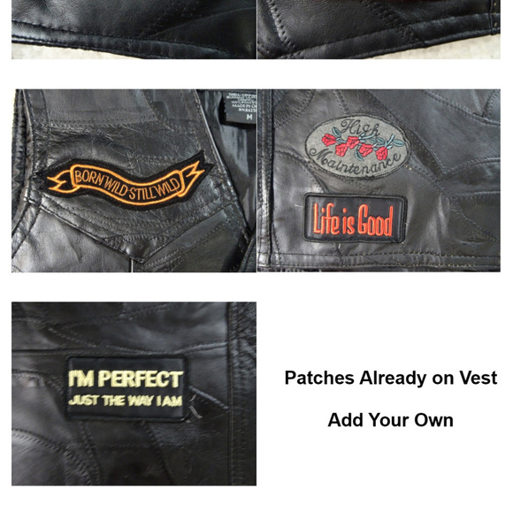 Biker Motorcycle Black Leather Vest w/ Patches Med - Picture 6 of 8